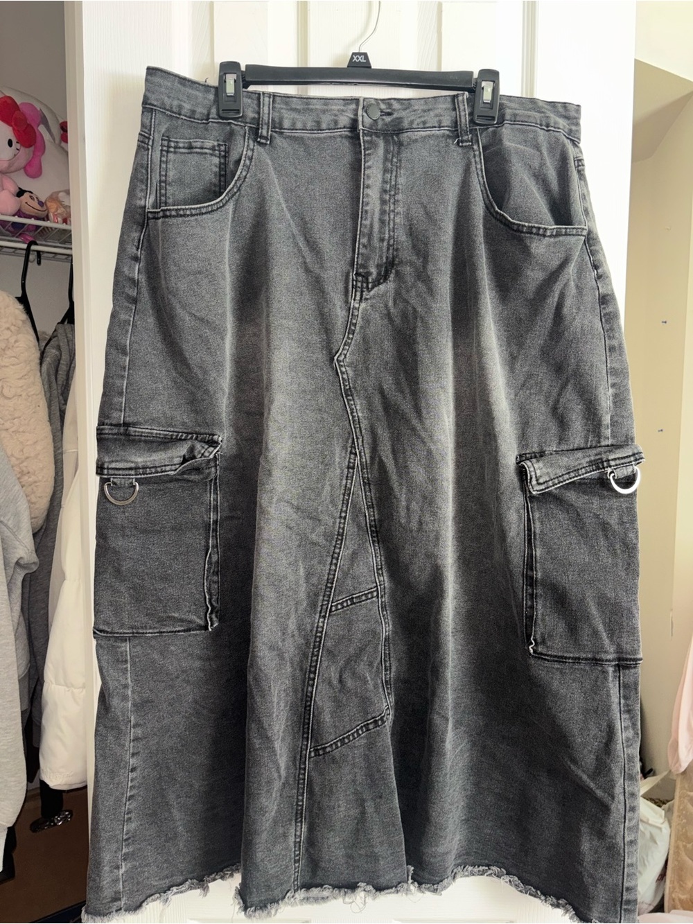 SHEIN Washed Black Denim Cargo Utility Maxi Skirt Frayed Hem D-Ring Plus 3XL
